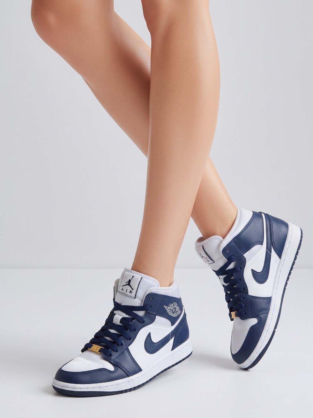 Women Air Jordan 1 Mid SE Football Grey/Midnight Navy And White